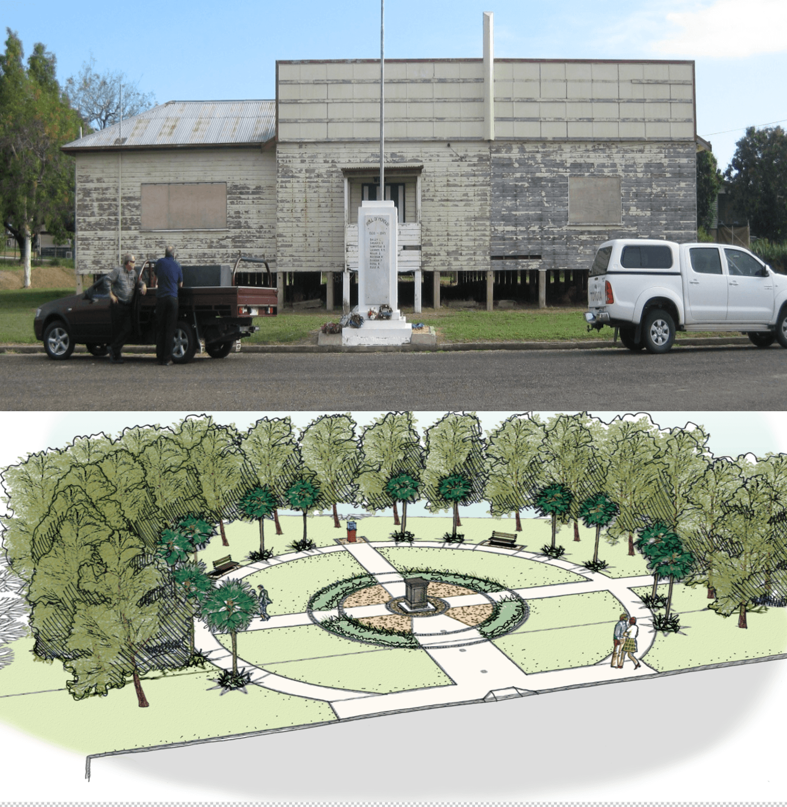 The RSL Memorial Hall and cenotaph in Collinsville, above a concept sketch of the proposed memorial park