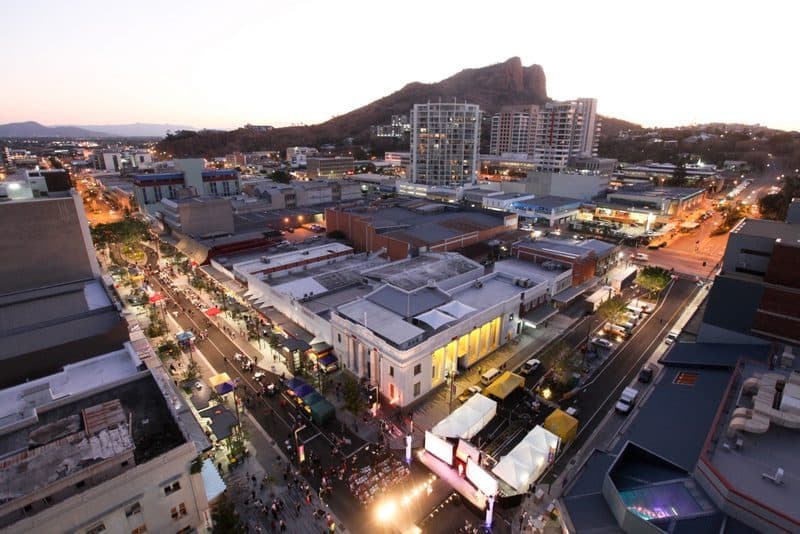 Flinders Mall and the Townsville city centre at dusk, with Castle Hill behind