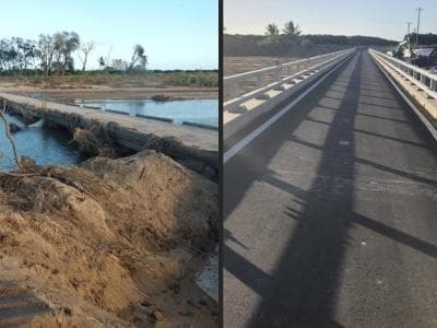 Side-by-side views of the damaged earlier crossing and the deck of the new Inverdon Bridge