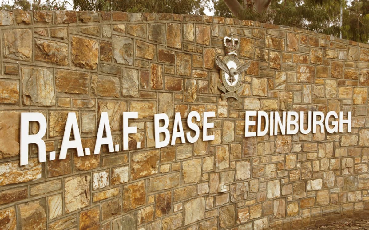 Stone entrance wall and sign at RAAF Base Edinburgh